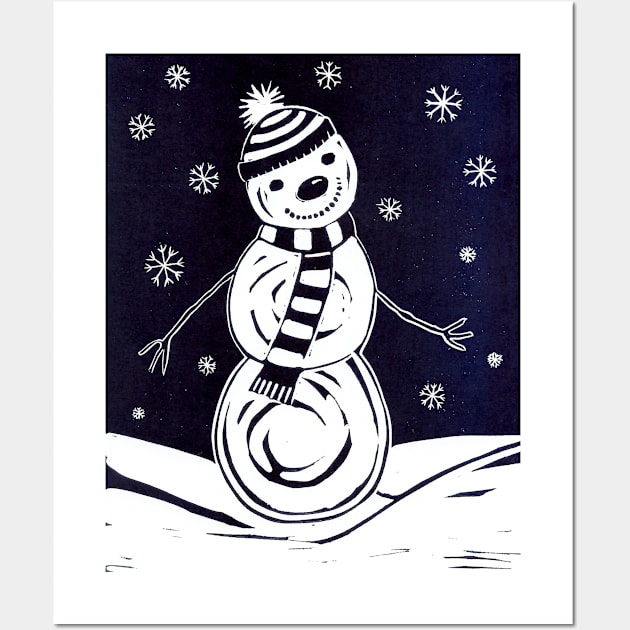 Christmas Snowman Linocut Wall Art by Maddybennettart